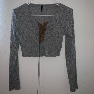 Grey Lace Up Long Sleeve Crop Top